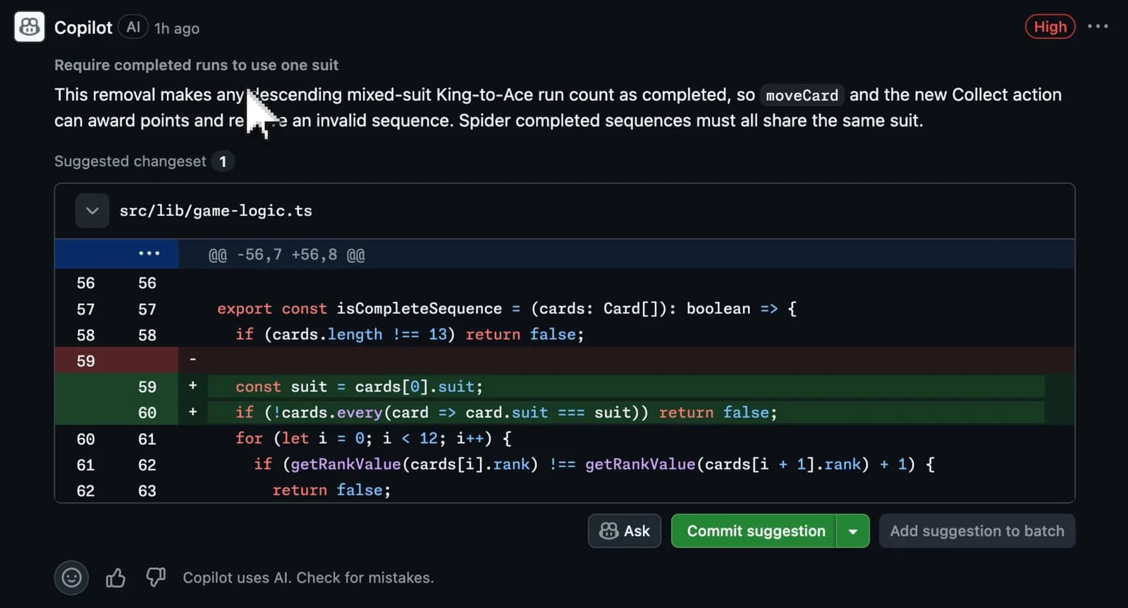 Copilot code review agrupa sus hallazgos y titula cada comentario