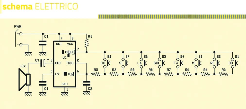Mini piano con un 555: siete notas y ocho pulsadores