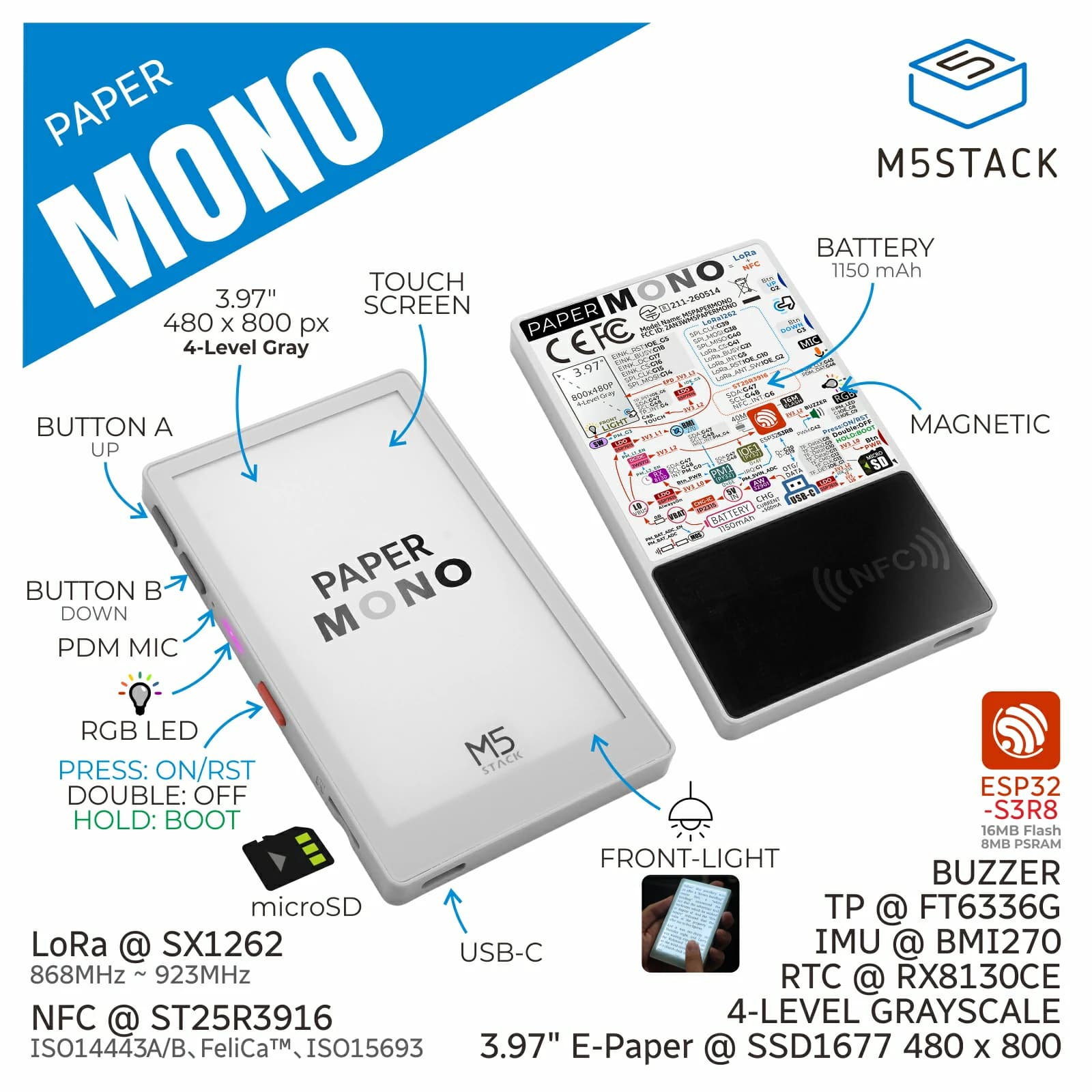 M5PaperMono reúne tinta electrónica táctil, LoRa y NFC