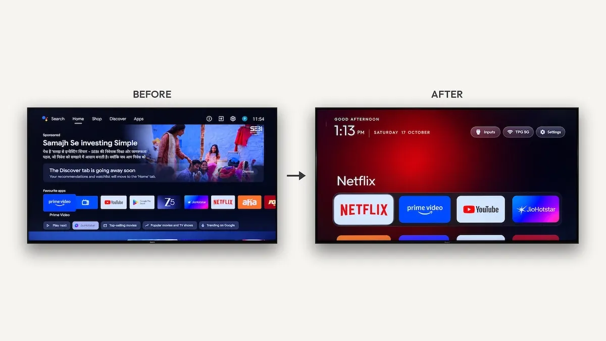 Comparación entre la pantalla de inicio original y la limpia