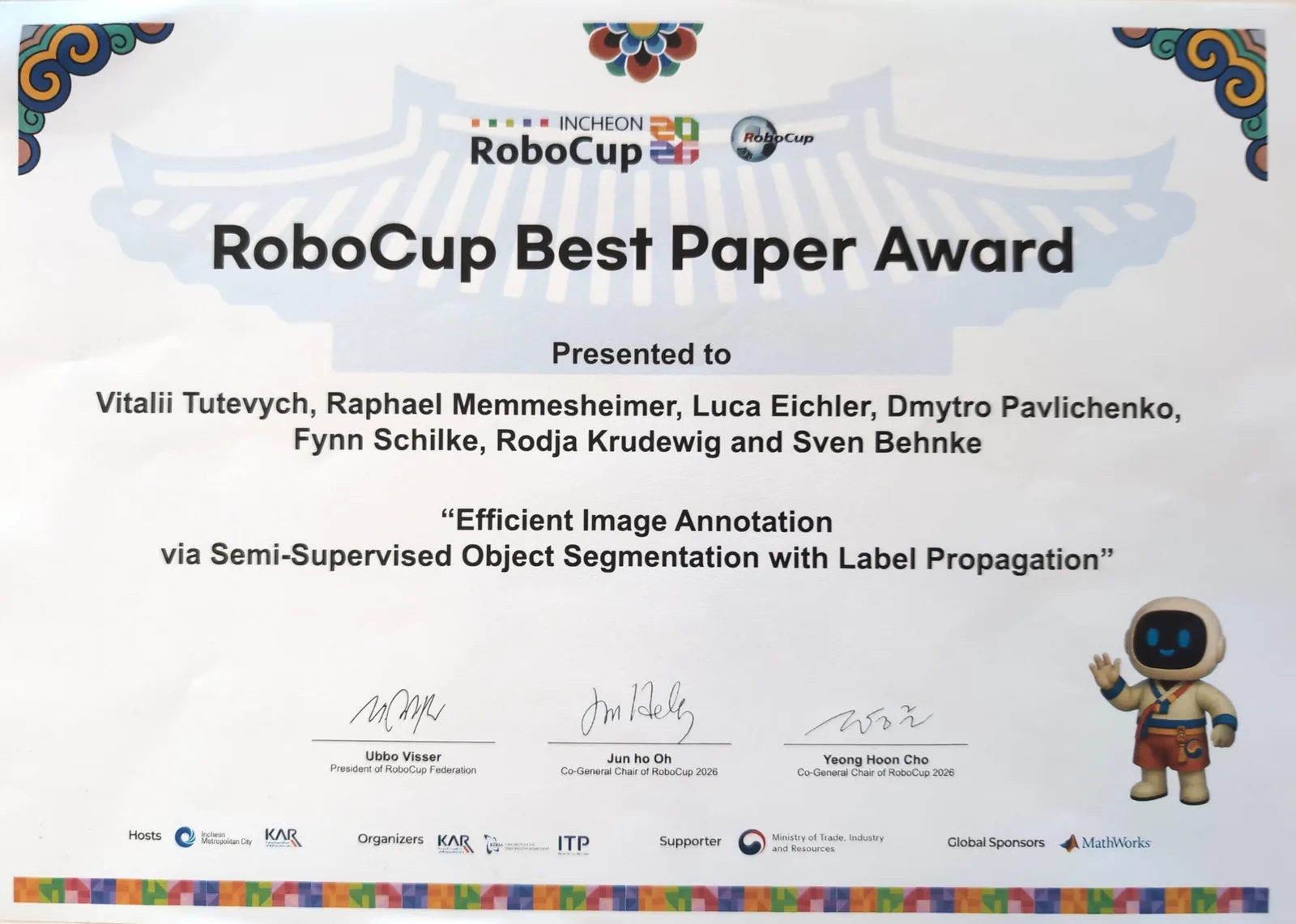 Entrega del premio al mejor artículo en RoboCup 2026