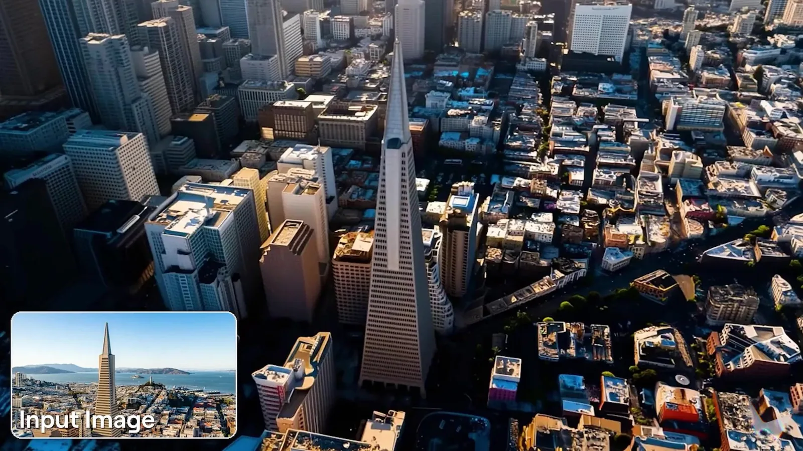 Vista aérea de San Francisco con la Transamerica Pyramid y la foto de entrada a nivel de calle en un recuadro abajo a la izquierda