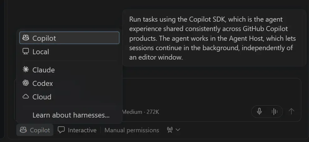Captura del selector de arnés con Copilot elegido y la descripción de su integración con Copilot SDK y Agent Host.