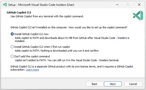 Instalador de VS Code Insiders para Windows con la opción de instalar GitHub Copilot CLI marcada.
