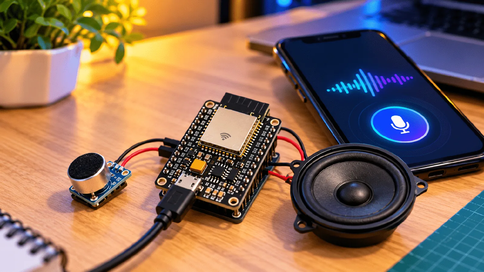 Placa ESP32 conectada a un micrófono y un parlante junto a un celular con la interfaz de asistente de voz, sobre un escritorio de madera.