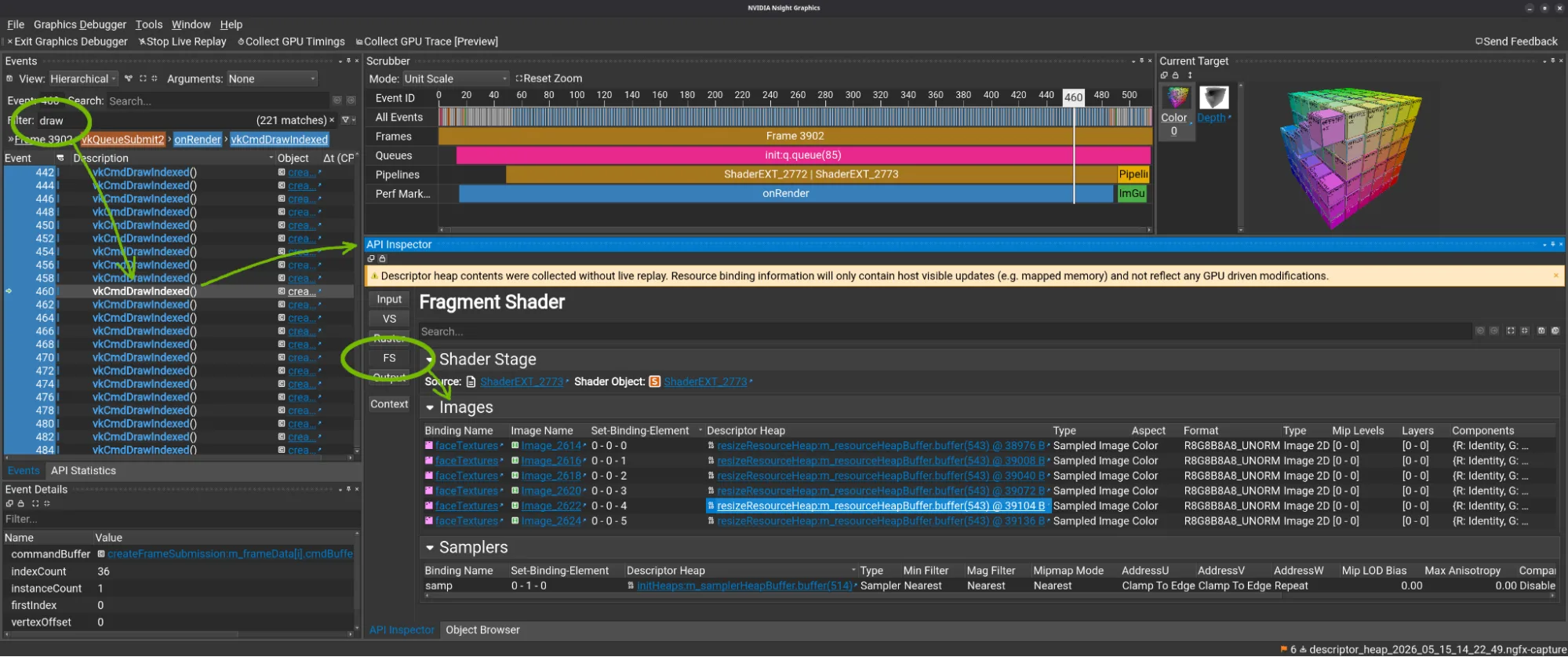 Figura 2. Nsight Graphics mostrando seis imágenes mapeadas en descriptor heap al dibujar un cubo con vkCmdDrawIndexed