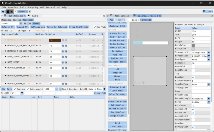 Interfaz de FREE-WILi con los registros de un dispositivo I2C y paneles de control gráficos.