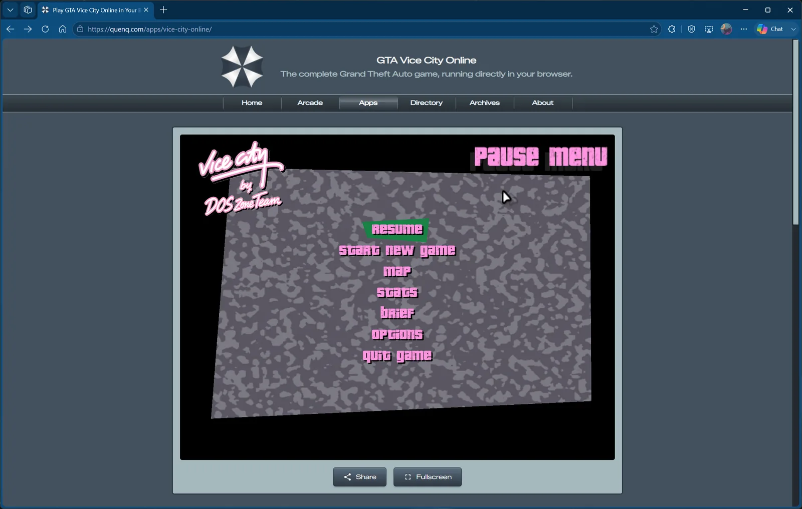 El menú de pausa de Vice City dentro del navegador, con la firma del equipo de DOS Zone