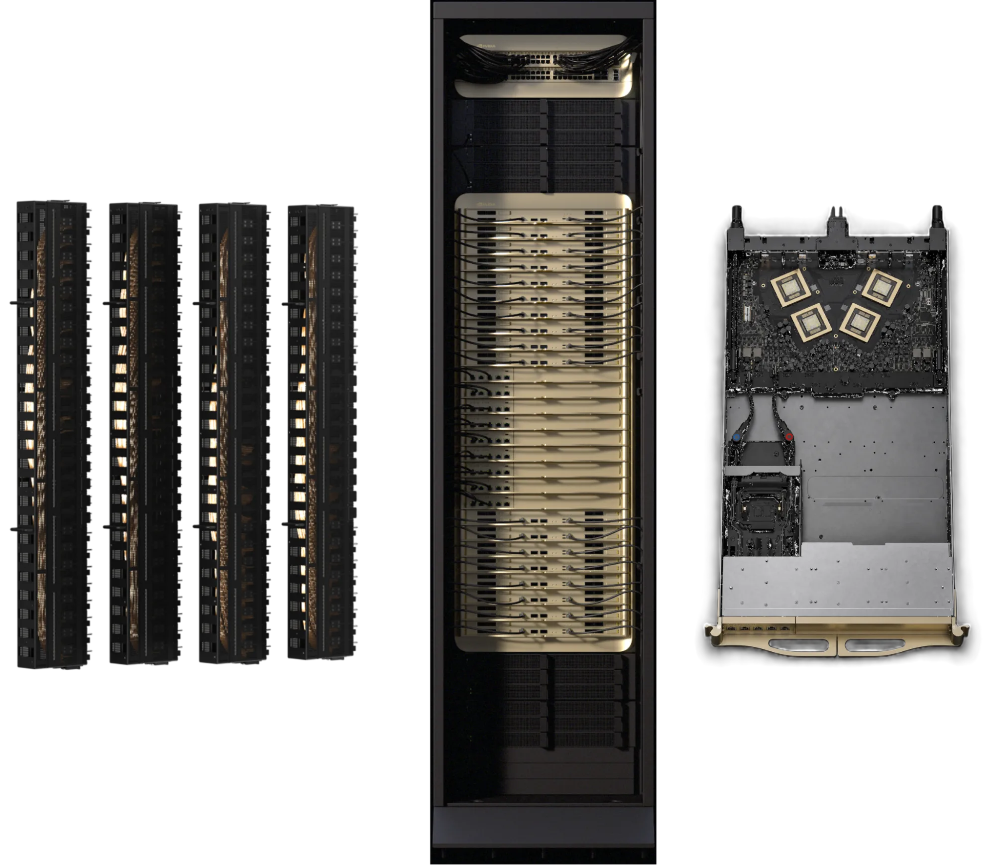 Figura 2. La espina NVLink de Vera Rubin NVL72, el rack y las bandejas del conmutador NVLink 6 entregan 260 TB/s de ancho de banda de todos contra todos, 3,6 TB/s por GPU y 130 TFLOPS de cómputo en red.