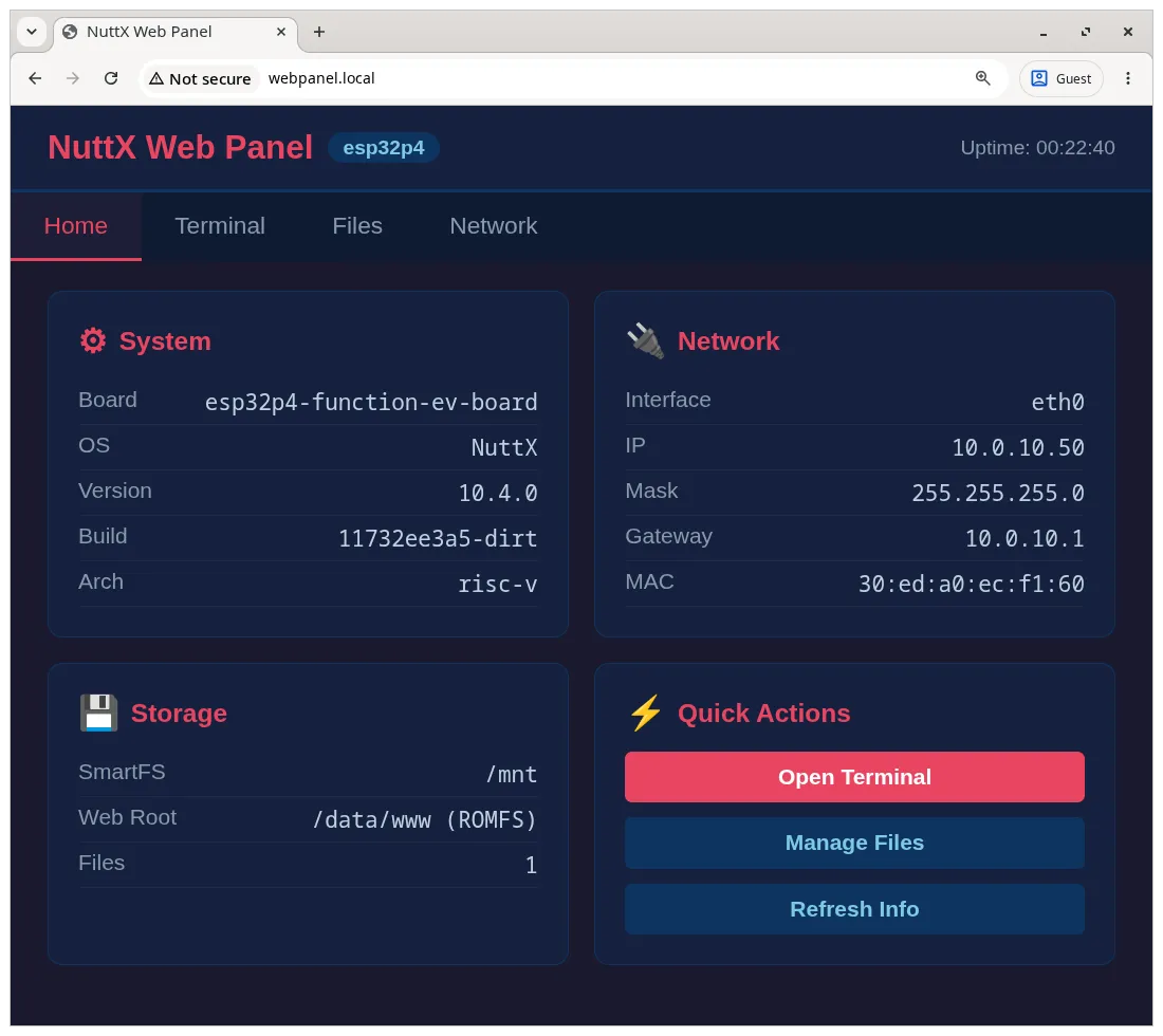 NuttX Web Panel corriendo sobre ESP32-P4 en su página inicial.