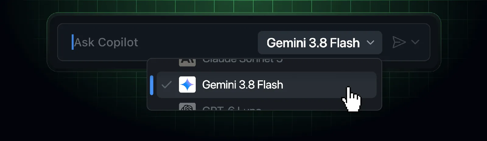El selector de modelos de Copilot con Gemini 3.8 Flash seleccionado