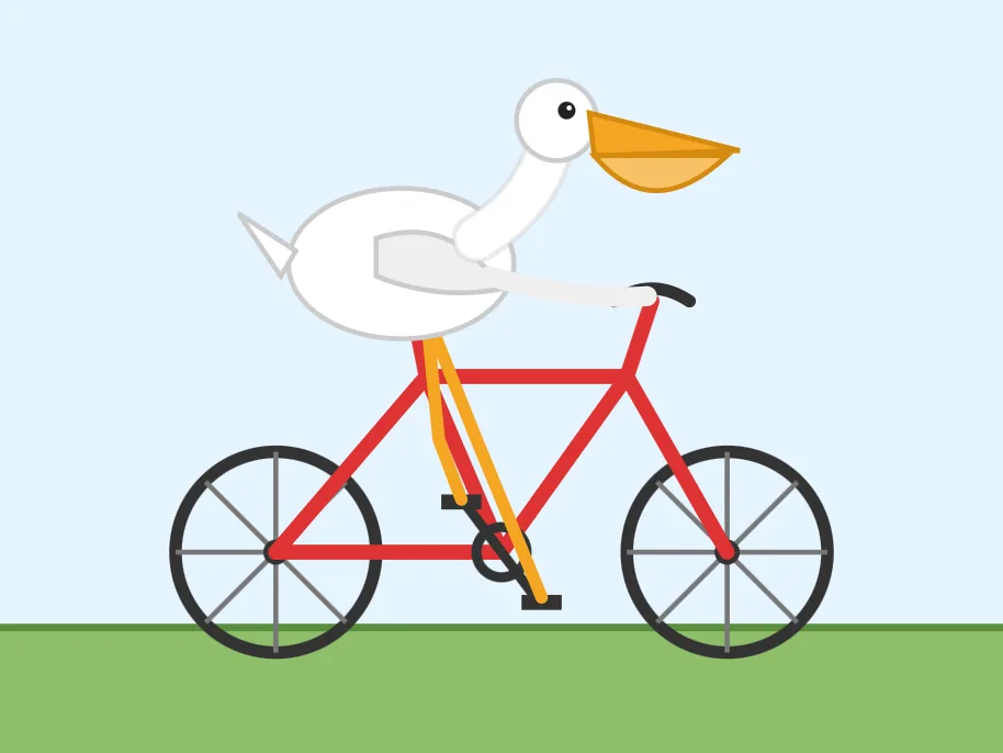 Ilustración plana y minimalista de un pelícano blanco con pico naranja andando en una bicicleta negra hacia la derecha, con líneas de movimiento detrás, sobre un fondo celeste.