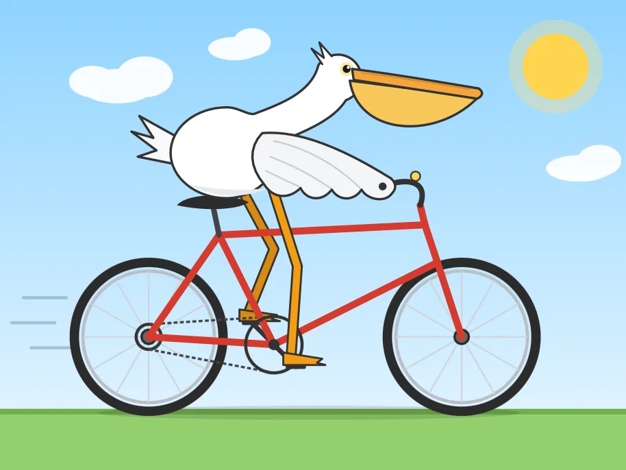 Ilustración plana minimalista de un pelícano blanco con pico naranja andando en bicicleta hacia la izquierda, con las patas naranjas pedaleando y líneas de movimiento detrás, sobre fondo celeste.