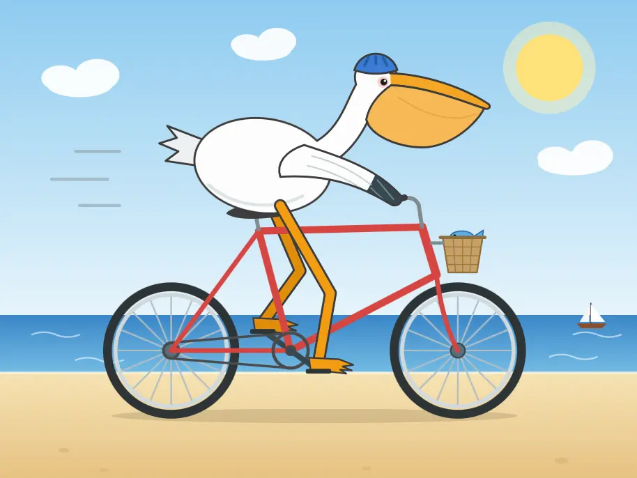 Ilustración plana minimalista de un pelícano blanco con pico naranja andando en bicicleta, con las patas pedaleando y líneas de movimiento que indican velocidad, sobre fondo celeste.