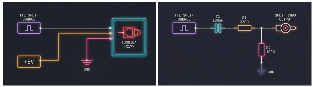 Las dos salidas S/PDIF que documenta DSPi, con un transmisor óptico TX179 o con un circuito coaxial de divisor resistivo. Imagen del repositorio de DSPi en GitHub