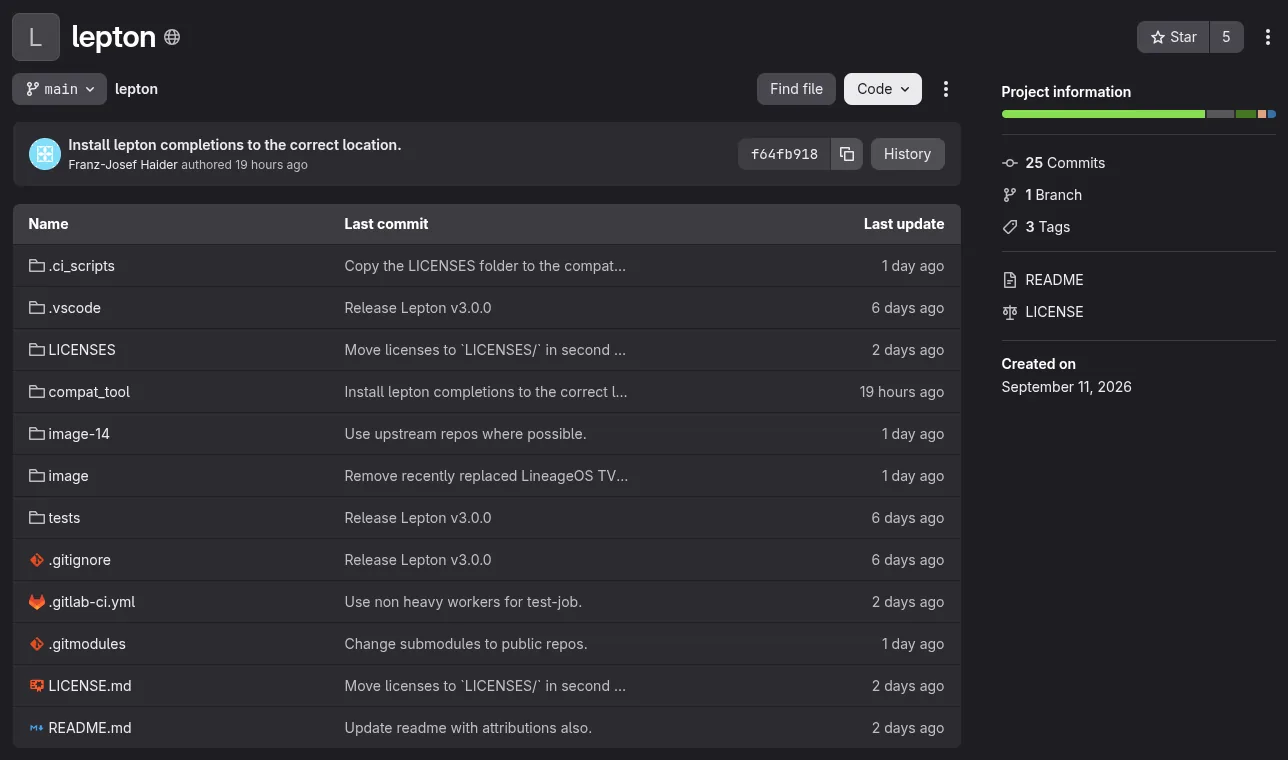 Captura recortada del repositorio de Lepton en GitLab