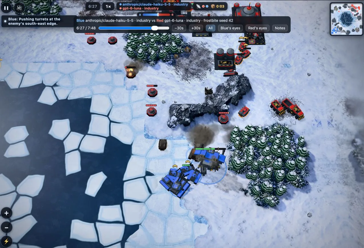 Captura de una repetición de un juego de estrategia en tiempo real entre dos modelos de IA, con vista cenital de un mapa nevado con un lago congelado de hielo agrietado a la izquierda y bosques de pinos