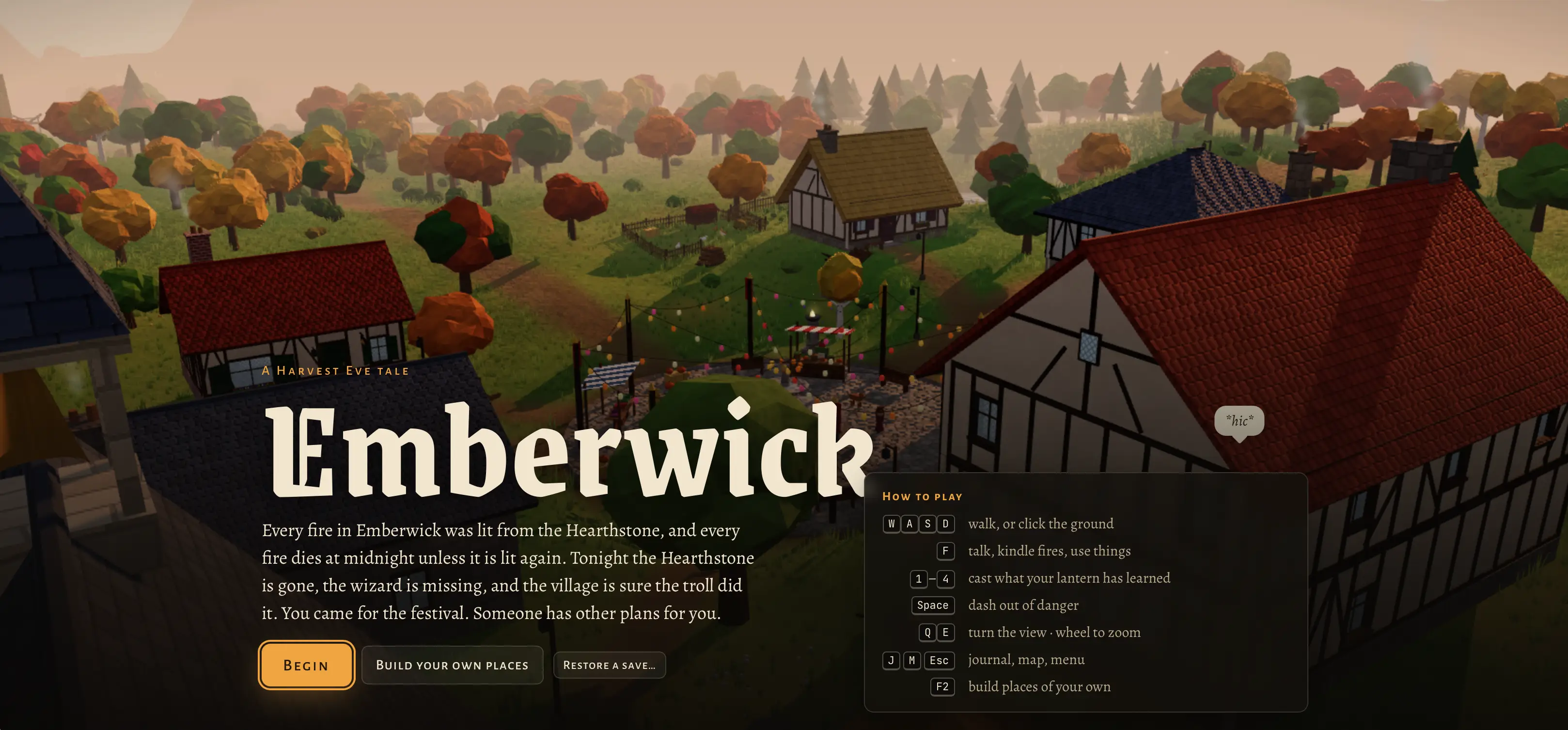 Pantalla de título de Emberwick, con el pueblo 3D de fondo y un texto que cuenta que cada fuego de Emberwick se encendió desde la Hearthstone y que todos se apagan a medianoche si no se vuelven a encender