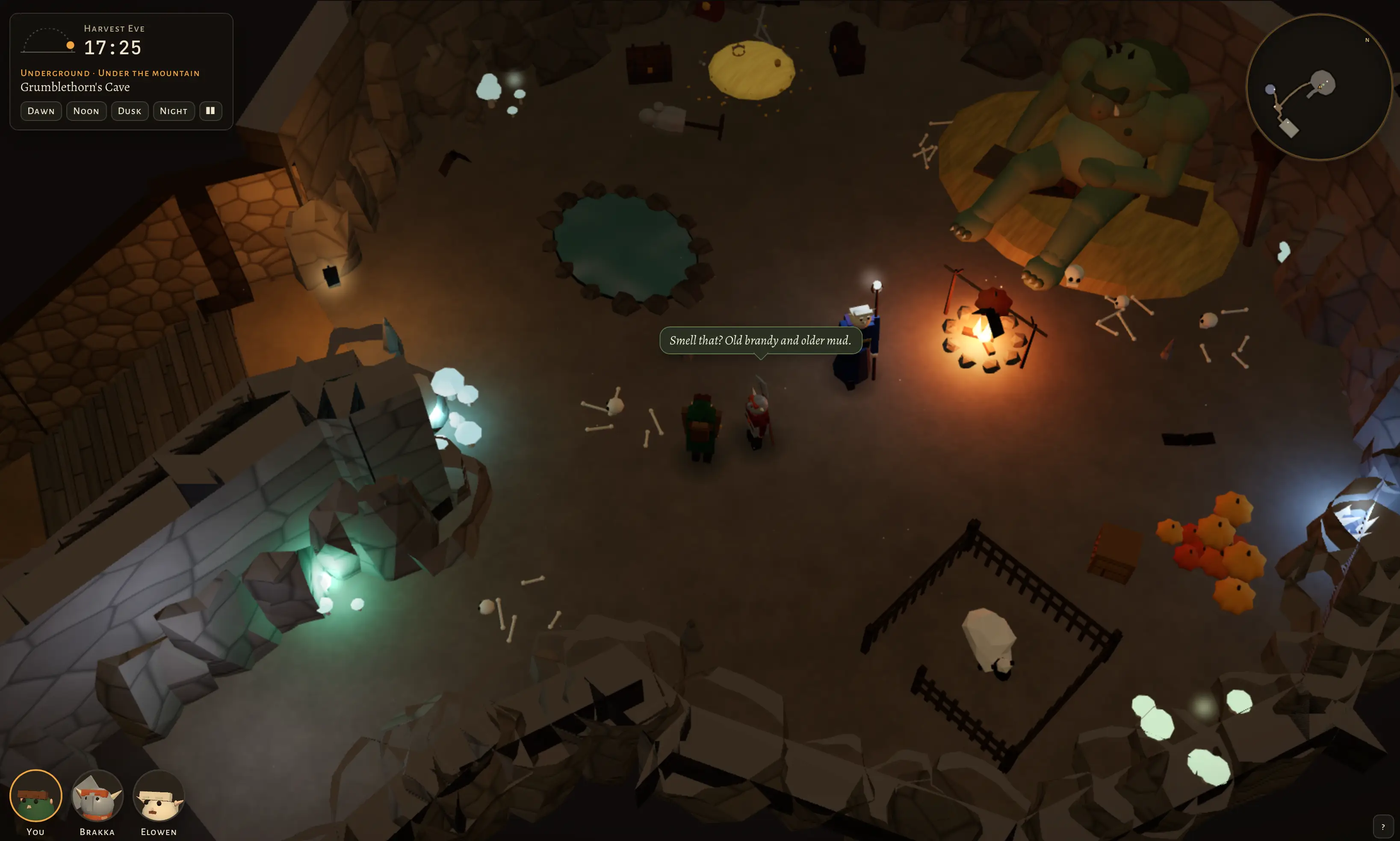 Captura del mismo juego de fantasía, ahora en una cueva subterránea en penumbra iluminada por una fogata con un asador, hongos pálidos brillantes y cristales azules, con un troll verde enorme dormido sobre una cama de paja