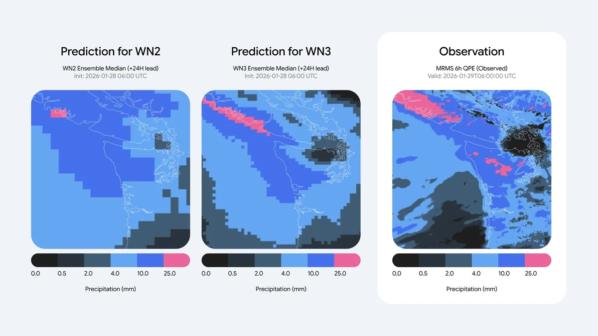 Mapas de precipitación del noroeste de EE.UU., pronóstico de WeatherNext 2, salida más fina de WeatherNext 3 y radar real