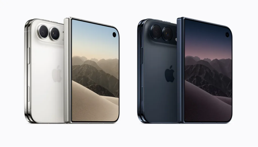 El iPhone Duo está disponible en dos colores, blanco estrella y cielo nocturno, fabricado en titanio grado 5 pulido a espejo. Foto vía Apple.