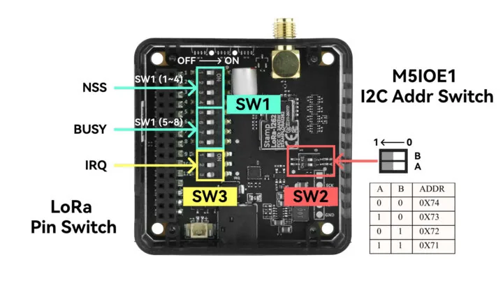 Module13.2 LoRa 1262 con los DIP de pines LoRa, dirección I2C e IRQ