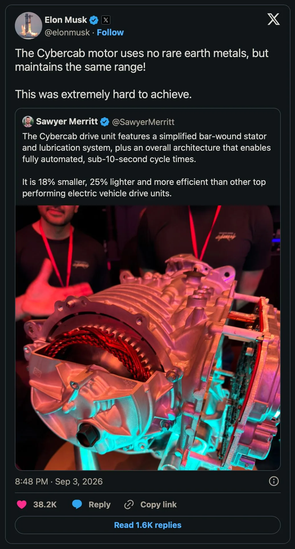 Publicación de Elon Musk sobre el motor del Cybercab