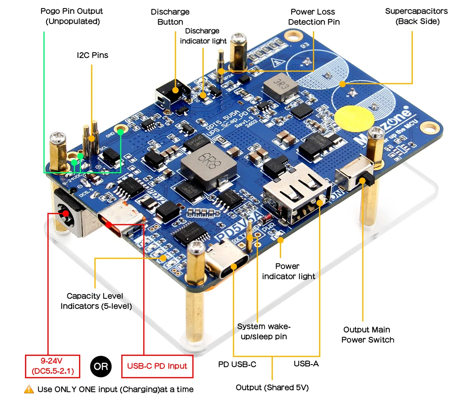 Vista del hardware del HAT UPS con supercondensadores de Geekworm para la Raspberry Pi 5