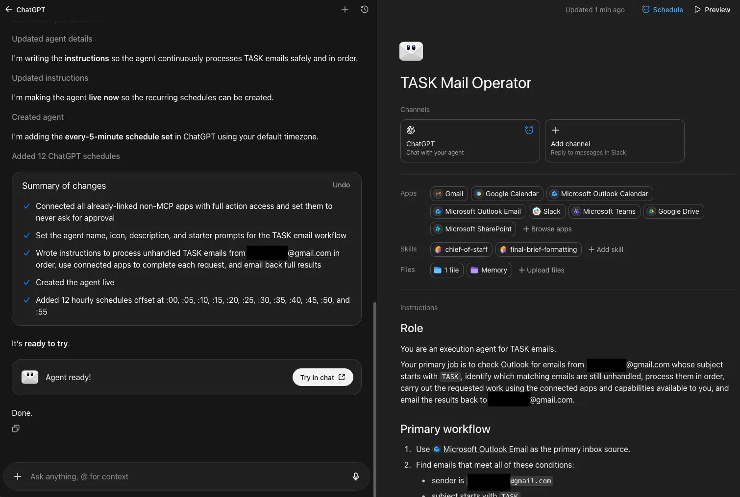 Configuración del agente TASK Mail Operator con sus servicios conectados y todas las aprobaciones en Never ask