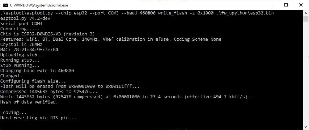 Fig. 5 Salida de la consola de Windows después de grabar MicroPython