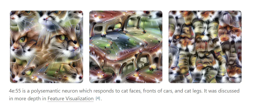 Tres visualizaciones de una neurona con caras de gato, frentes de auto y patas de gato que se repiten