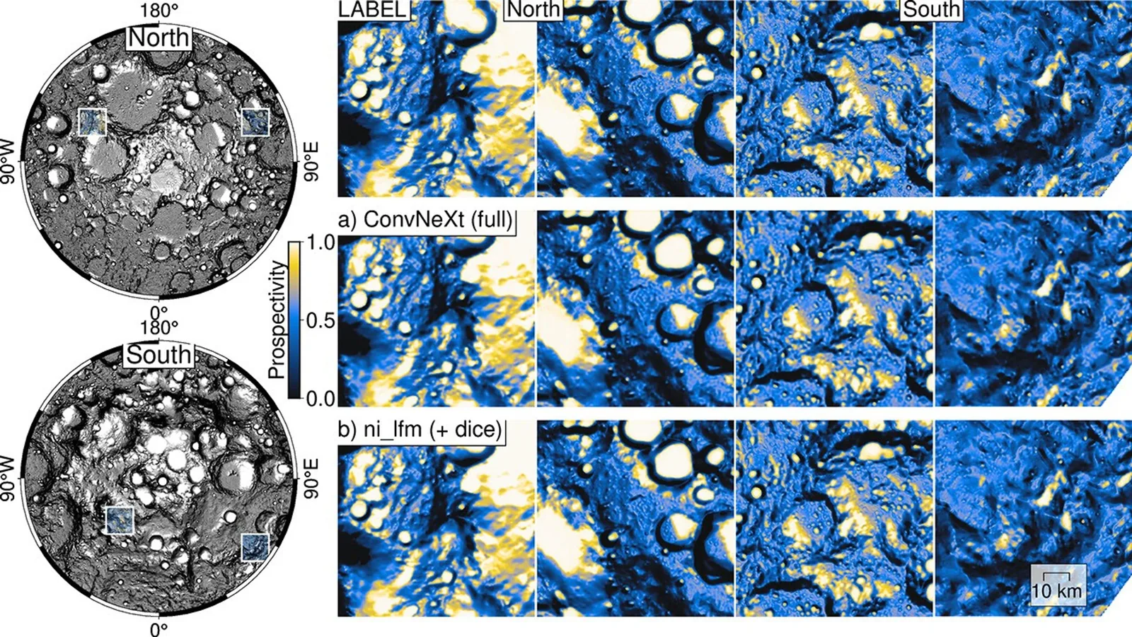 El modelo reproduce patrones de prospectividad de hielo lunar, en escala de azul a amarillo, en cuatro puntos cerca del polo de la Luna