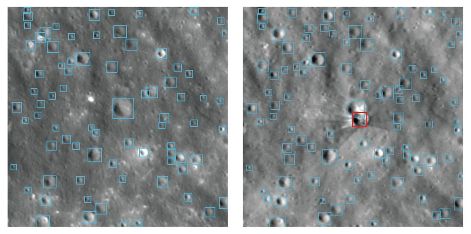 Imágenes de la superficie lunar lado a lado con detección automática de cráteres antes y después del impacto de un cohete, con recuadros celestes sobre cada cráter