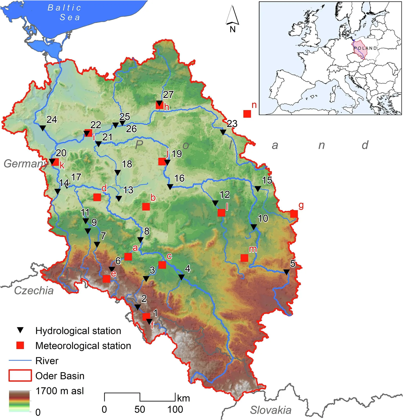 Ubicaciones de las 27 estaciones hidrológicas y las estaciones meteorológicas correspondientes en la cuenca del río Oder. (Crédito: Jiang Sun et al., Geoscience Frontiers, 2024)