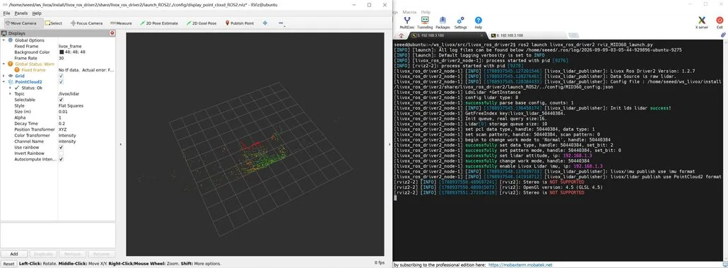 Nube de puntos del Livox MID-360 en RViz junto a la terminal del driver de ROS 2.