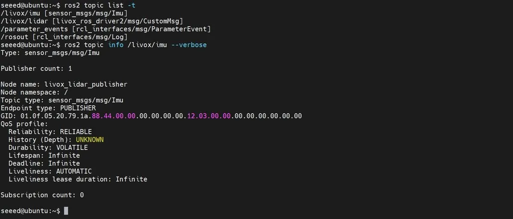 Terminal de ROS 2 con los detalles del tópico de la IMU de Livox, el publicador y la configuración QoS.