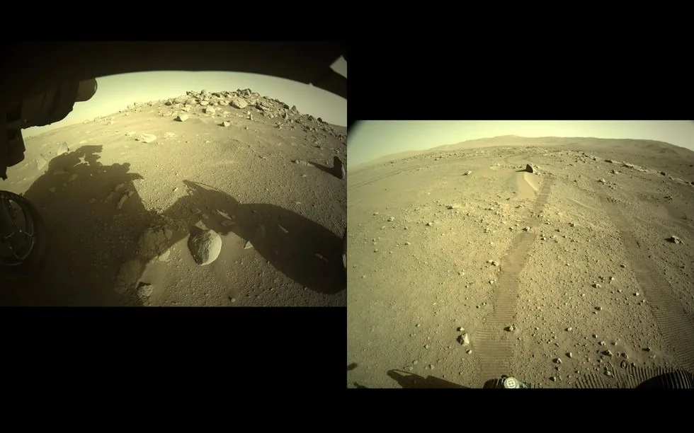 Vista de la superficie rocosa de Marte captada por las cámaras instaladas bajo el chasis de un rover.