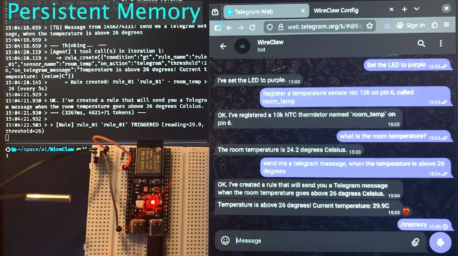 Demostración en vivo con el registro de un sensor, la creación de una regla y una alerta de Telegram cuando se activa (imagen de WireClaw)