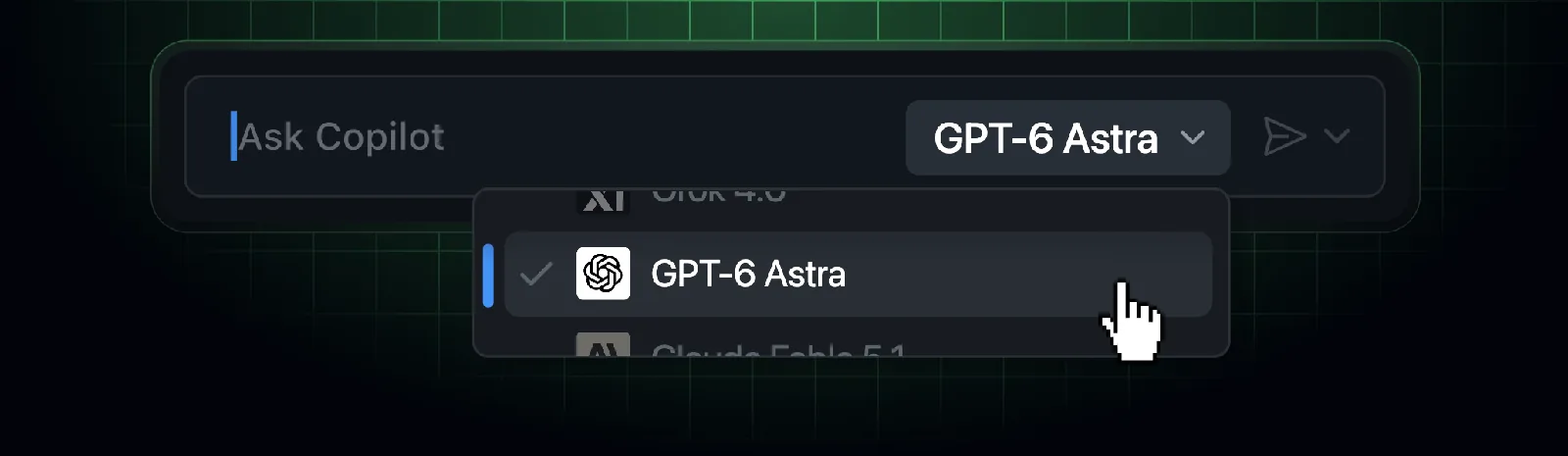 El selector de modelos de Copilot con GPT-6 Astra seleccionado