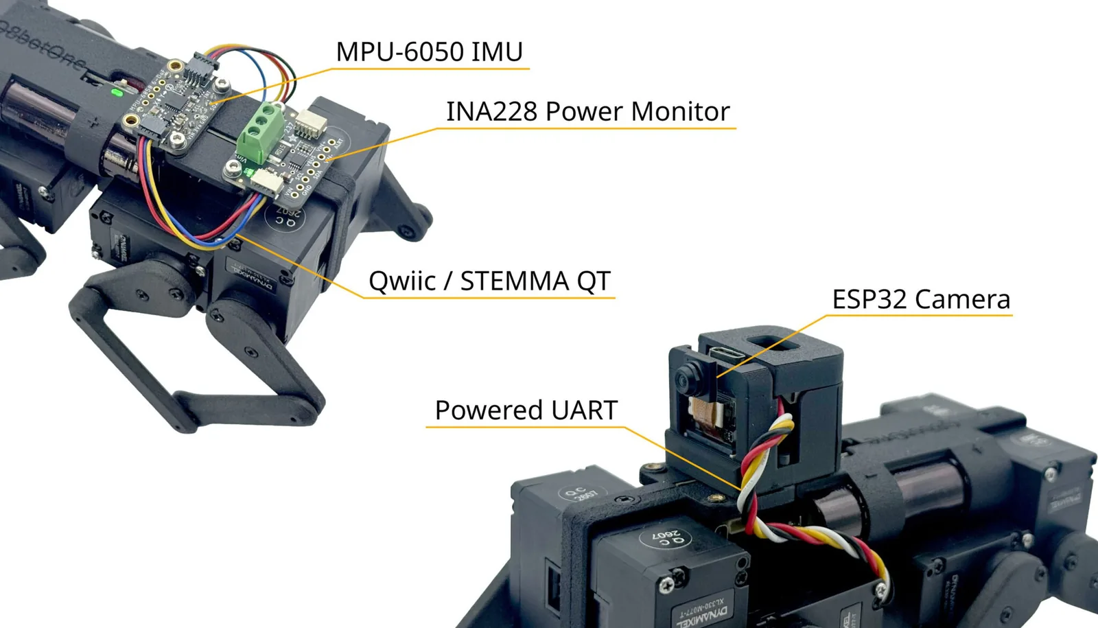 Opciones de expansión del Q8botOne con la IMU MPU-6050 y el monitor de energía INA228 por Qwiic y STEMMA QT, y una cámara ESP32 conectada por UART con alimentación