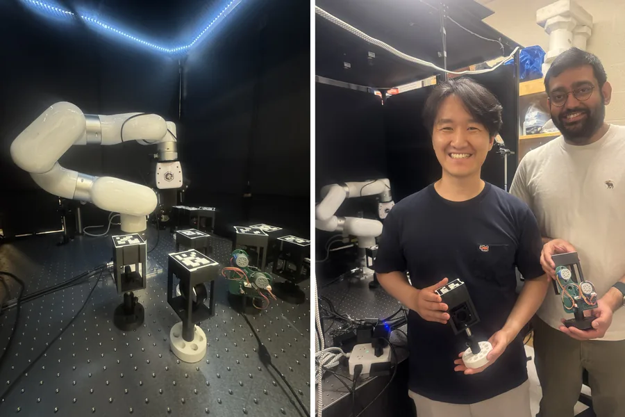 El montaje del laboratorio con el brazo robótico y las cajas, y Seou Choi y Sachin Vaidya mostrando una lente y un motor verde