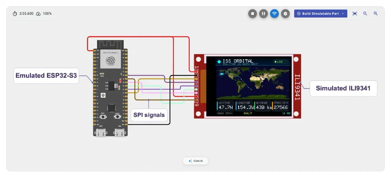 Rastreador de la EEI desarrollado con Cirkit AI tras los ajustes. El firmware compilado para ESP32-S3 controla la pantalla ILI9341 simulada a través del controlador SPI emulado