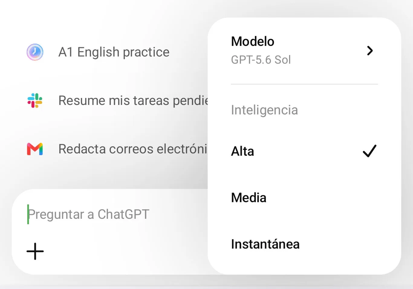 Selector de modelos en ChatGPT Plus para móviles
